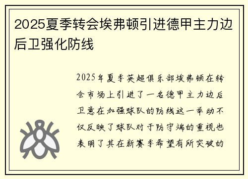 2025夏季转会埃弗顿引进德甲主力边后卫强化防线